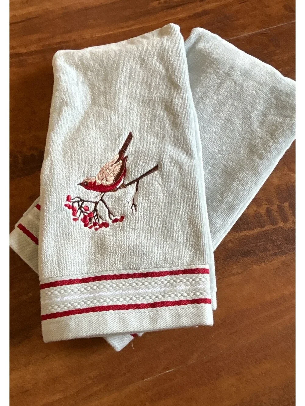 Set of Two Light Blue Kitchen Towels with Bird and Berry Embroidery